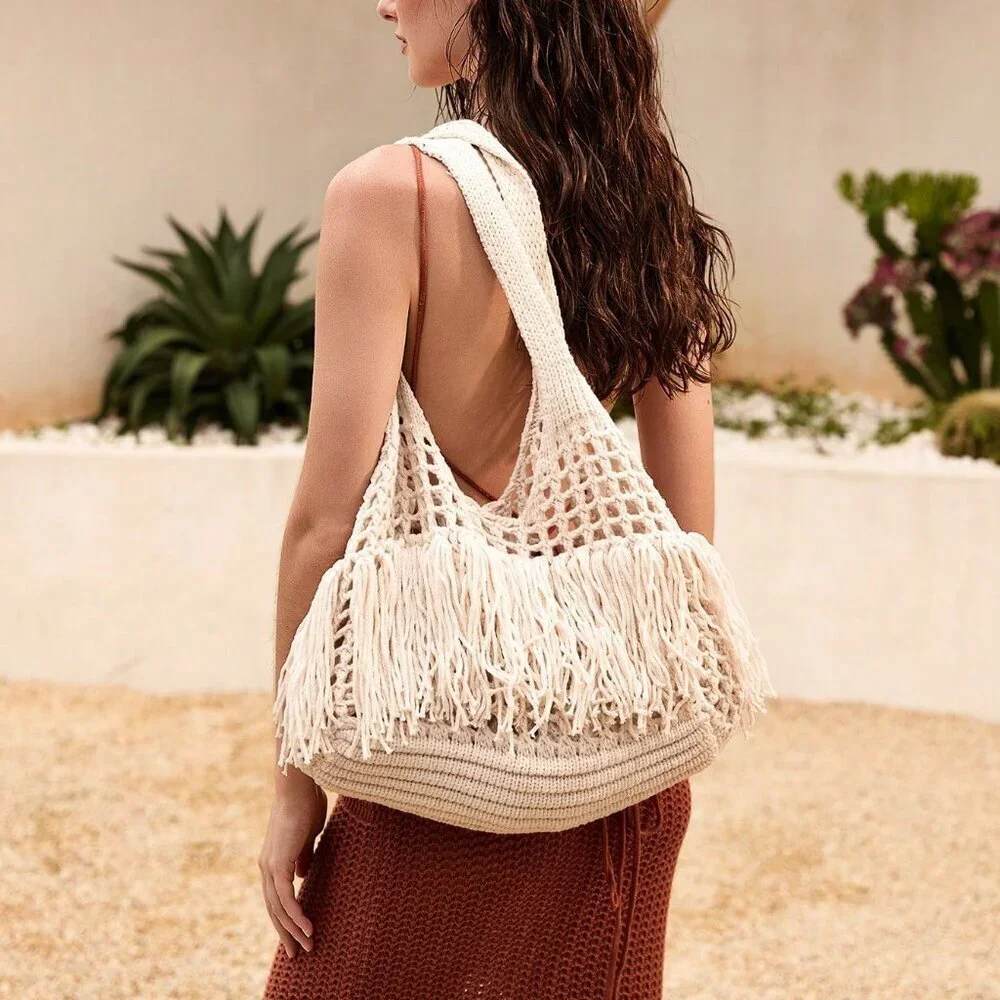 Beige Hollow Crochet Women's Large Capacity Handknitted Tote Bag